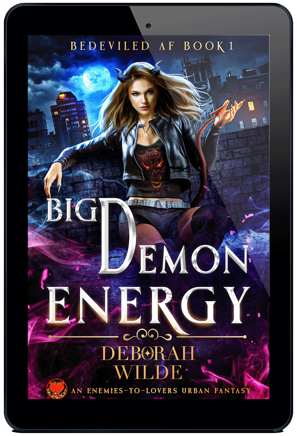 Ebook cover for "Big Demon Energy" by Deborah Wilde. A woman with small blue horns and a tail wearing a leather jacket and shorts sits in front of a cityscape at night.
