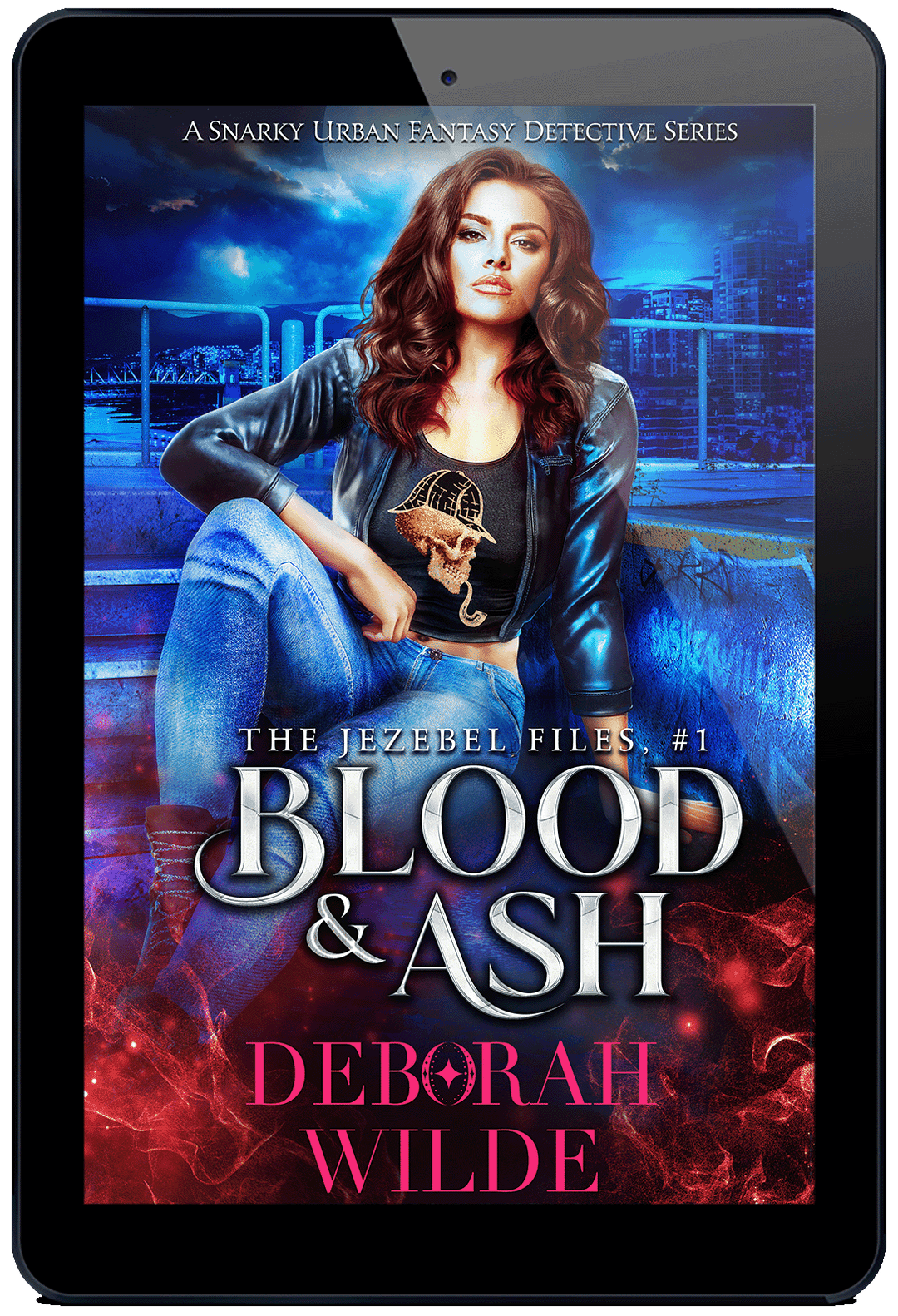 Ebook cover for "Blood & Ash" by Deborah Wilde. A brunette sits in an urban setting wearing a t-shirt with a skull smoking a pipe with a deerstalker hat under a leather jacket.