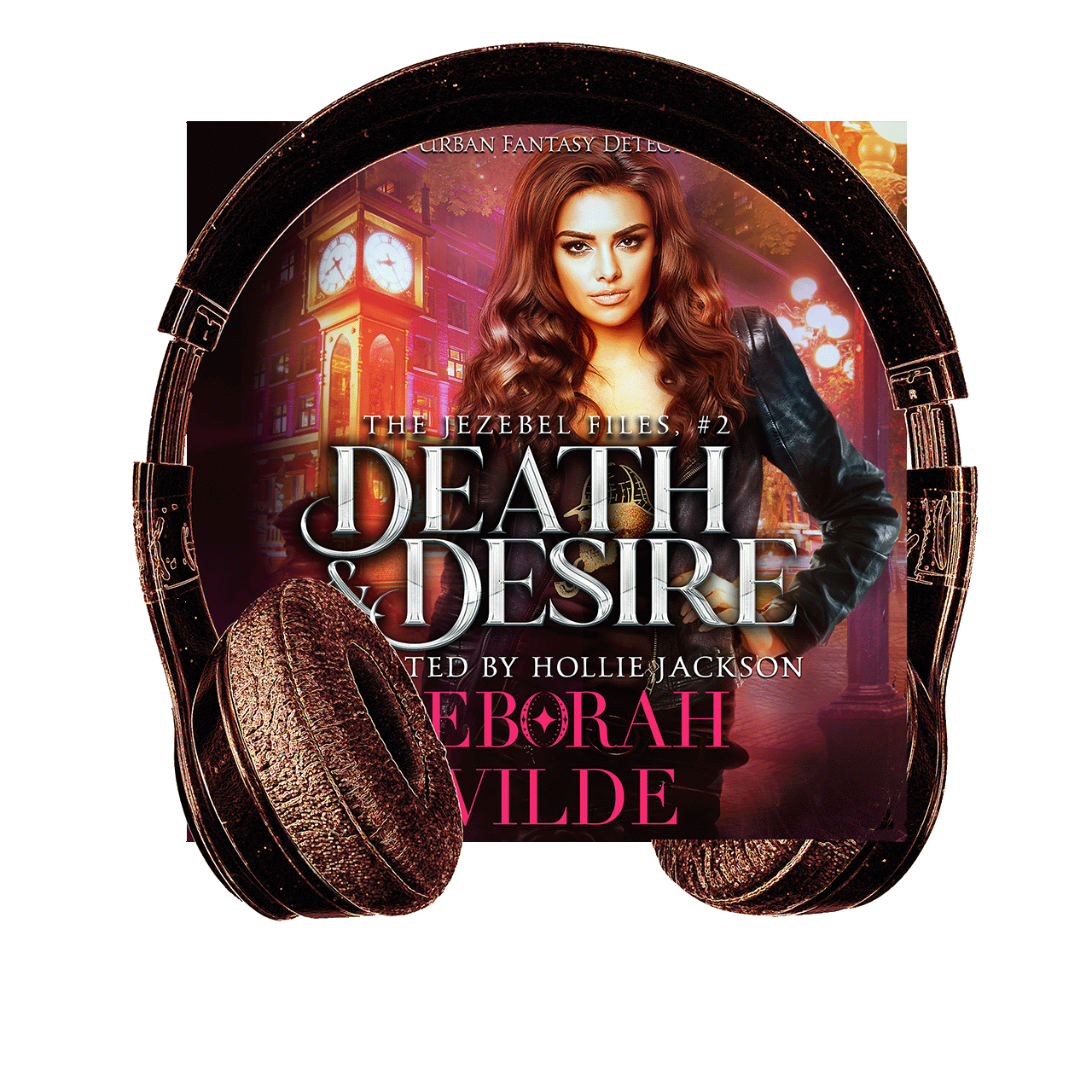 Cover of Death & Desire with headphones. Funny, sexy, urban fantasy.