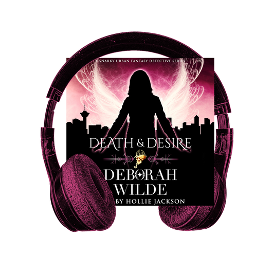 Cover of Death & Desire with headphones. Funny, sexy, urban fantasy.