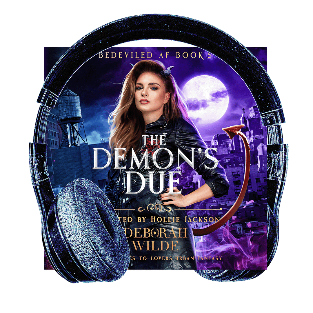 Cover of The Demon's Due audiobook. A woman with horns and a tail in black leather stands in front of a cityscape at night