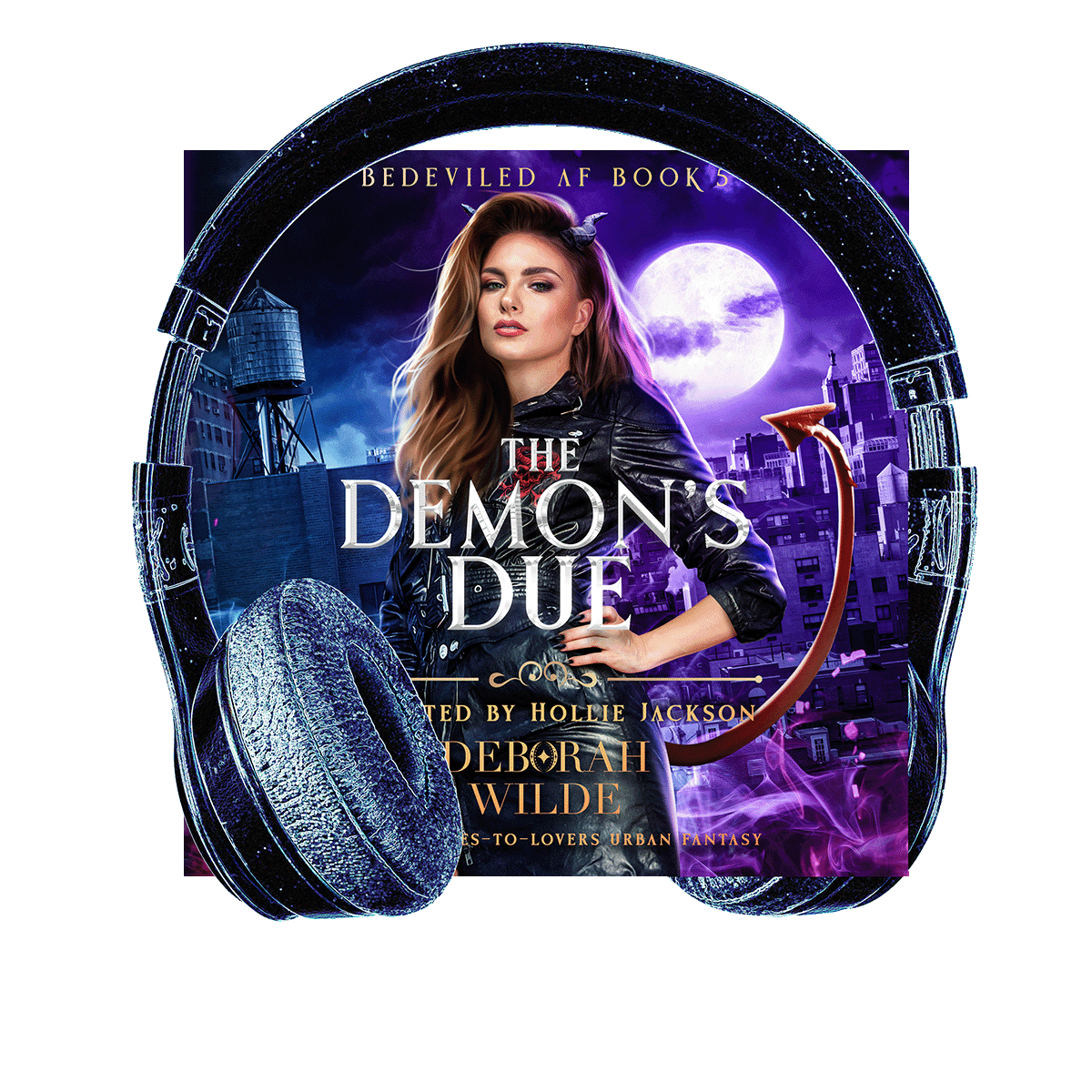 Cover of The Demon's Due audiobook. A woman with horns and a tail in black leather stands in front of a cityscape at night