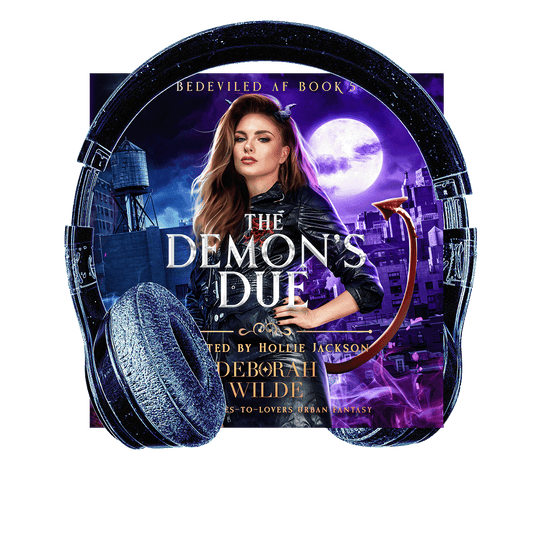 Cover of The Demon's Due audiobook. A woman with horns and a tail in black leather stands in front of a cityscape at night