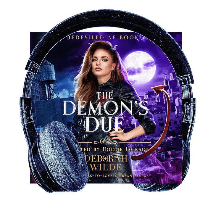 Cover of The Demon's Due audiobook. A woman with horns and a tail in black leather stands in front of a cityscape at night