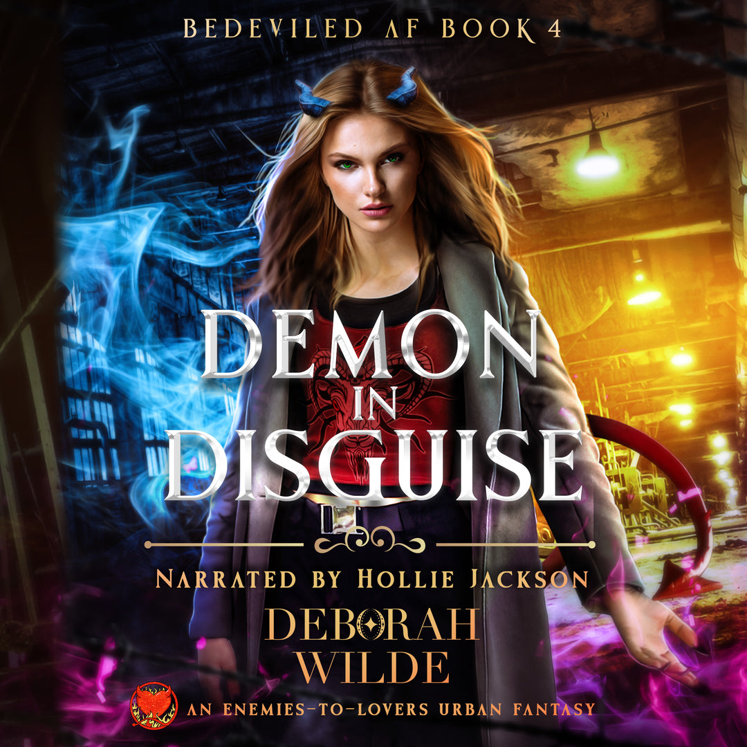 Audiobook cover for "Demon in Disguise" by Deborah Wilde. A woman with blue horns and red tail, in a trench coat is surrounded by magic swirls in an urban setting.