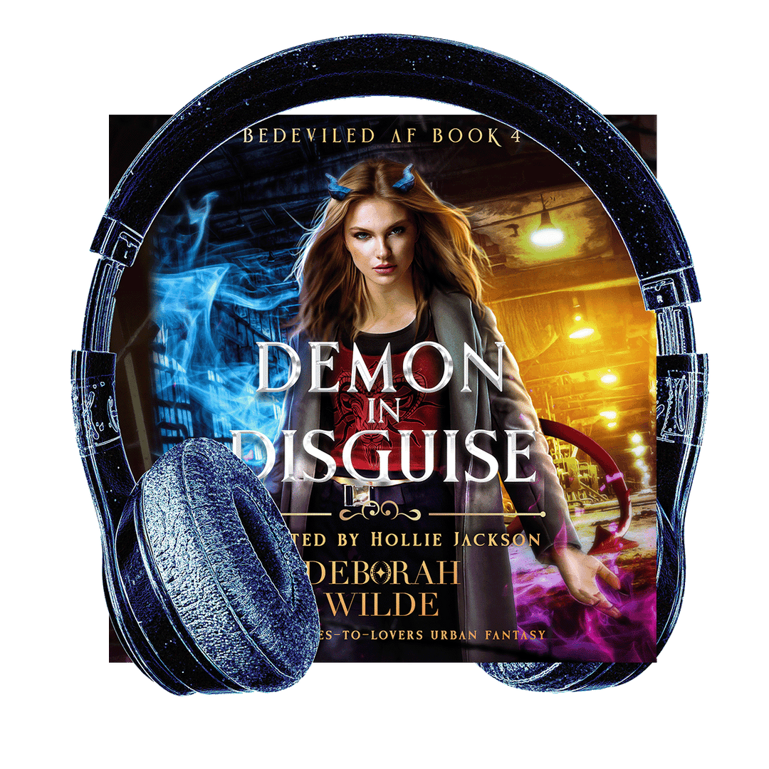 Audiobook cover for "Demon in Disguise" by Deborah Wilde. Headphones wrap image of woman with blue horns and red tail, in a trench coat.