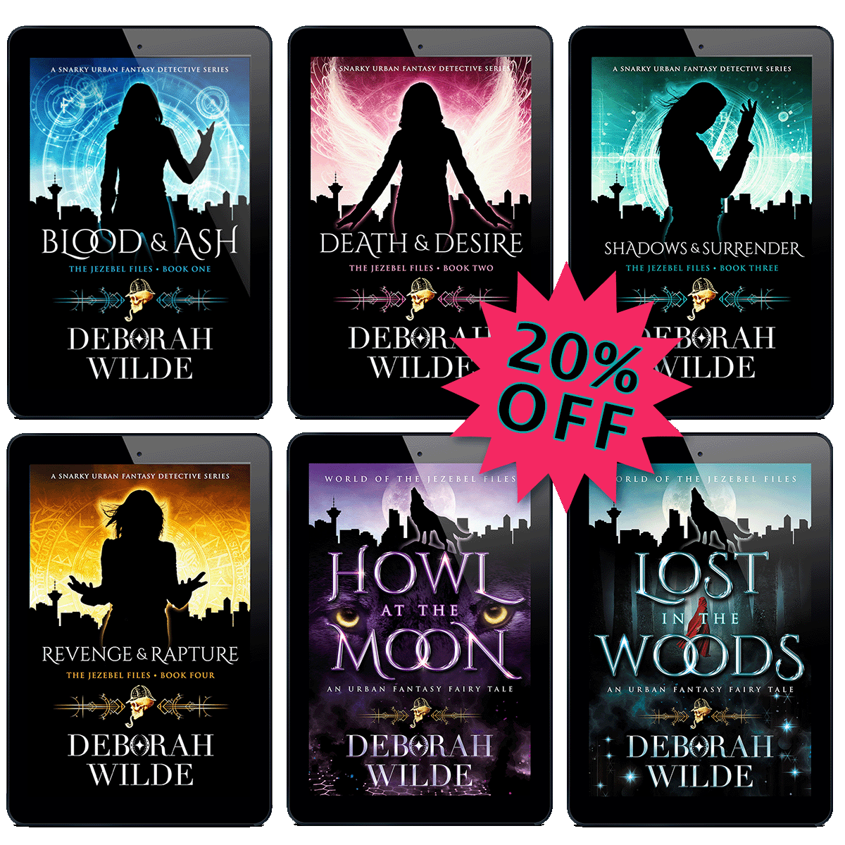 20% off all 6 ebooks in the Jezebel Files and World of the Jezebel Files by urban fantasy author Deborah WIlde.