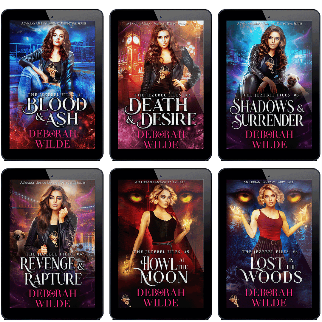 Covers of all 6 ebooks in "The Jezebel Files" by Deborah Wilde. including; "Blood & Ash", "Death & Desire", "Shadows & Surrender", "Revenge & Rapture", "Howl at the Moon", and "Lost in the Woods". 