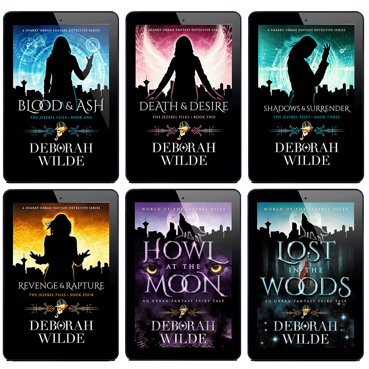 All 6 ebooks in the Jezebel Files and World of the Jezebel Files. A snarky urban fantasy detective series and an urban fantasy fairy tale by Deborah WIlde.