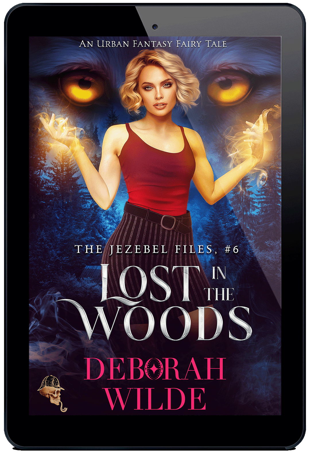 Ebook cover for "Lost in the Woods" by Deborah Wilde. A blonde in a red tank top with magic swirling from her hands stands in front of a dark blue forest. Large, gold wolf eyes are superimposed above the treeline.