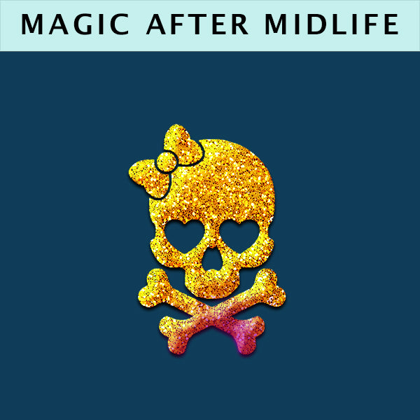 A sparkly skull and crossbones, with a bow in her hair, icon for the Magic After Midlife collection by Deborah Wilde.