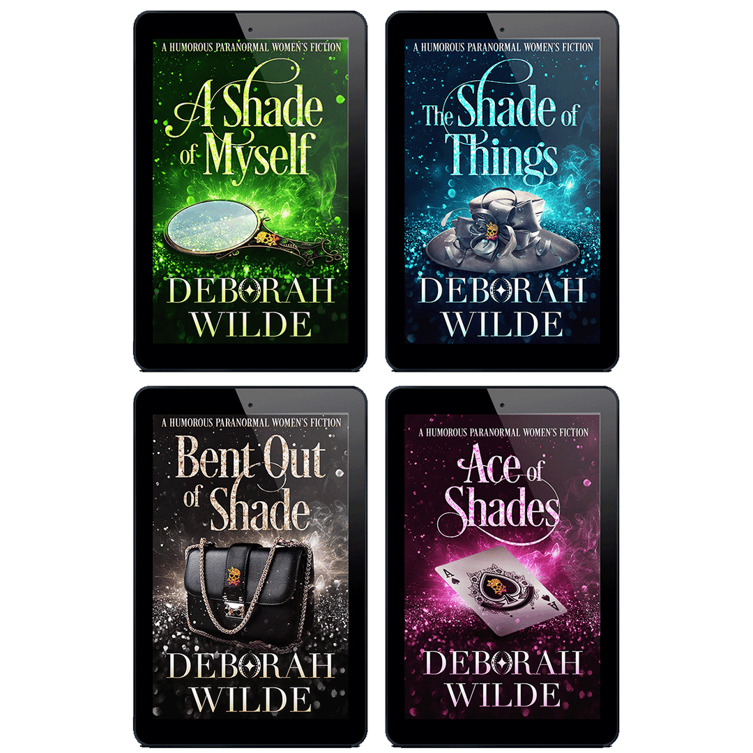 Ebook covers of final 4 stories in  the "Magic After Midlife" series by Deborah Wilde. Including; "A Shade of Myself", "The Shade of Things", "Bent out of Shade", and "Ace of Shades 