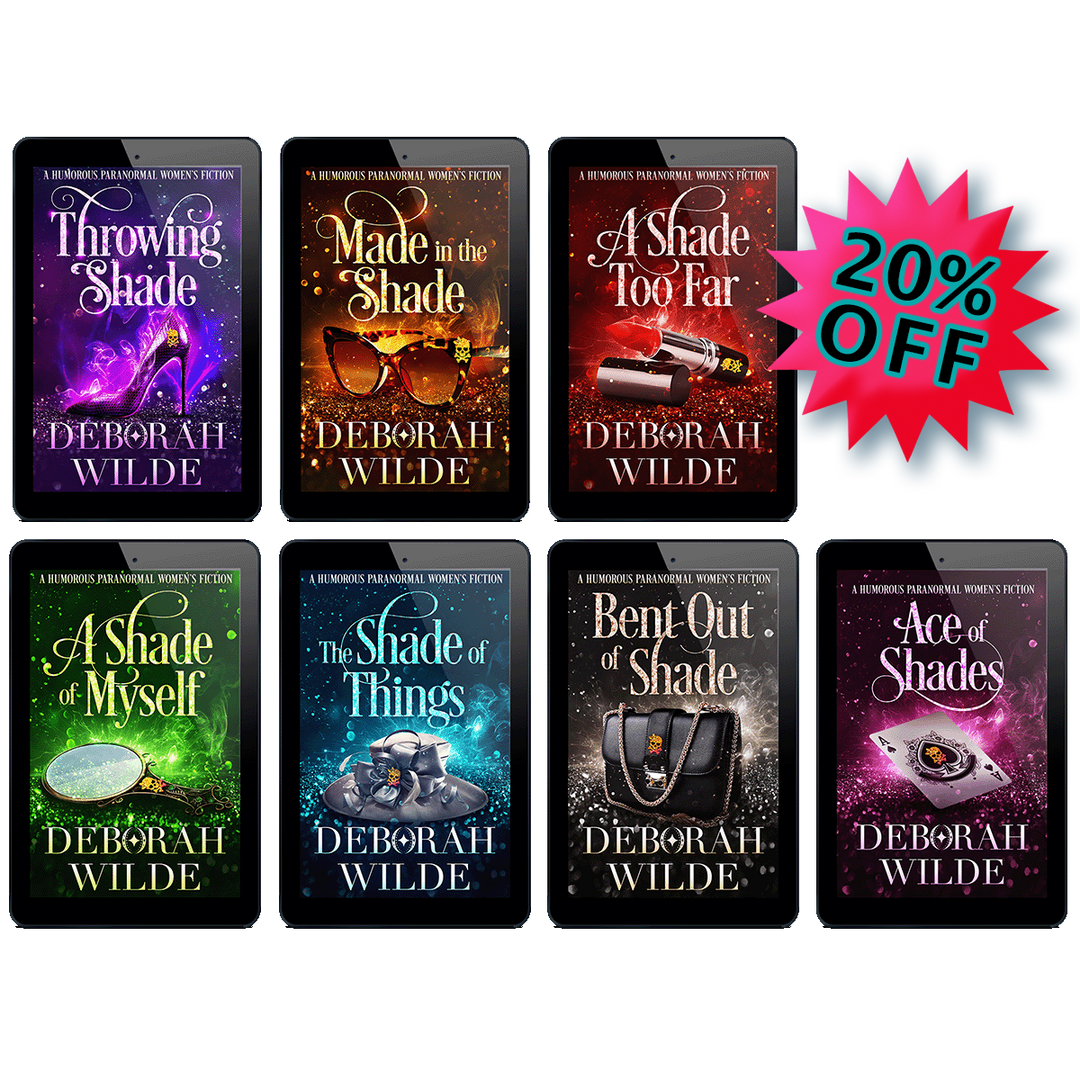 "20% off" badge next to all 7 ebooks in the "Magic After Midlife" urban fantasy series by Deborah Wilde. Covers for "Throwing Shade", "Made in the Shade", "A Shade Too Far", "A Shade of Myself", "The Shade of Things", "Bent out of Shade", and "Ace of Shades are displayed in e-reader frames.
