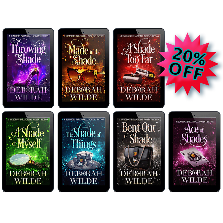 "20% off" badge next to all 7 ebooks in the "Magic After Midlife" urban fantasy series by Deborah Wilde. Covers for "Throwing Shade", "Made in the Shade", "A Shade Too Far", "A Shade of Myself", "The Shade of Things", "Bent out of Shade", and "Ace of Shades are displayed in e-reader frames.