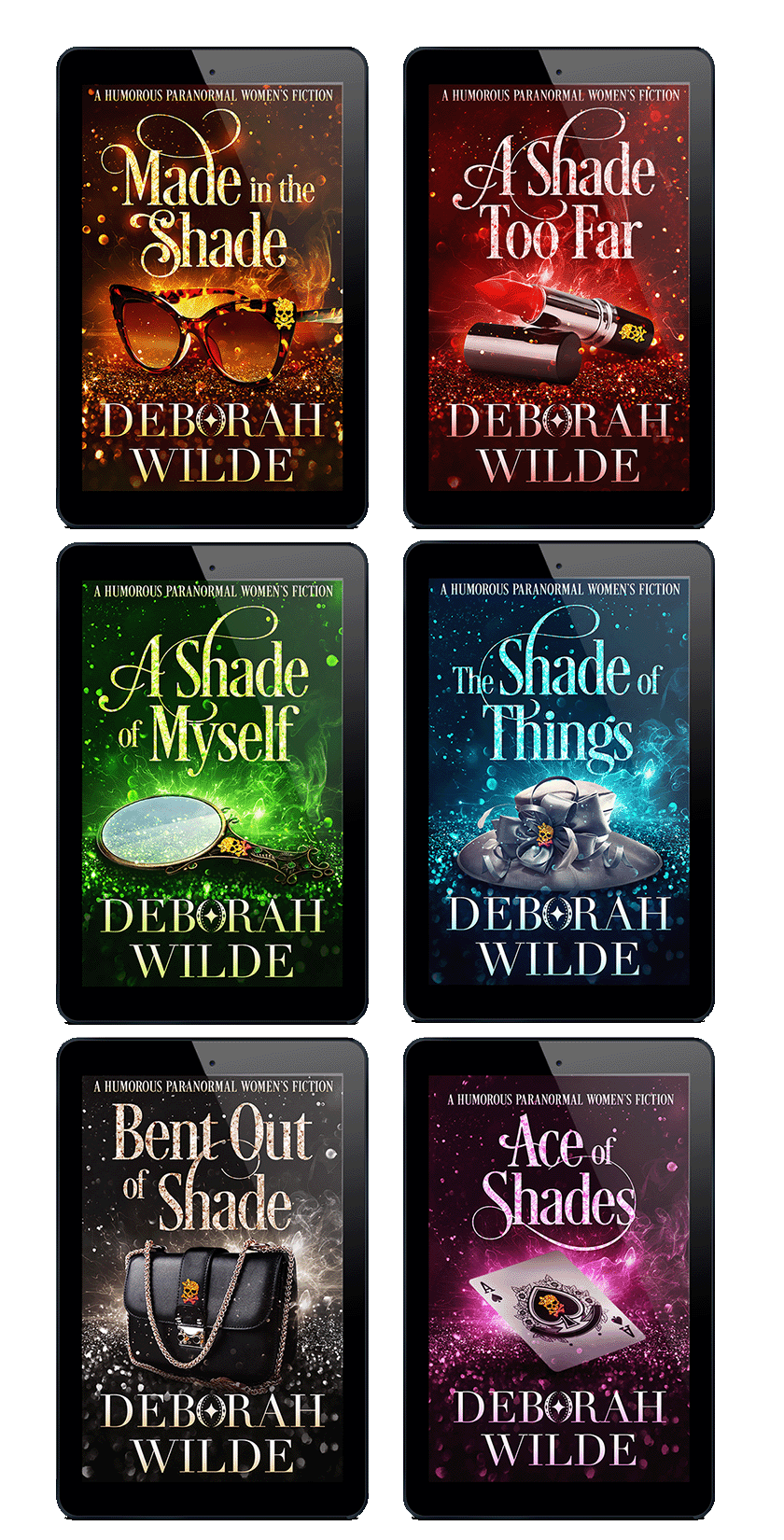 Ebook covers of urban fantasy books 2-7 in the "Magic After Midlife" series by Deborah Wilde. Books included are "Made in the Shade", "A Shade Too Far", "A Shade of Myself", "The Shade of Things", "Bent out of Shade", and "Ace of Shades".