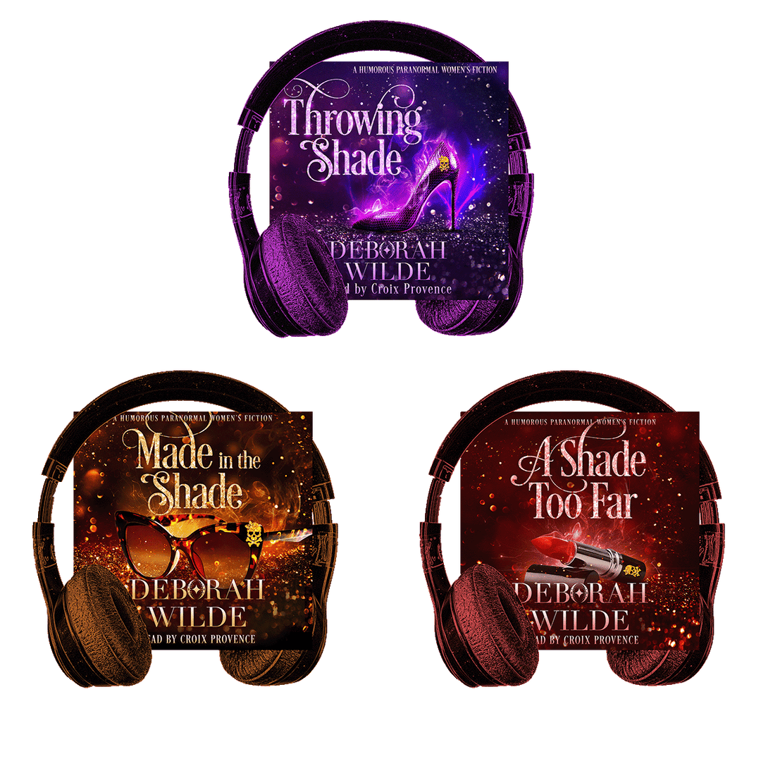 Audiobook covers for the first 3 books in "Magic After Midlife", by Deborah Wilde, narrated by Croix Provence. Titles included; "Throwing Shade", "Made in the Shade", and "A Shade Too Far".