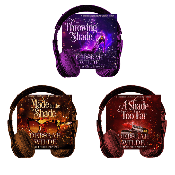 Audiobook covers for the first 3 books in "Magic After Midlife", by Deborah Wilde, narrated by Croix Provence. Titles included; "Throwing Shade", "Made in the Shade", and "A Shade Too Far".