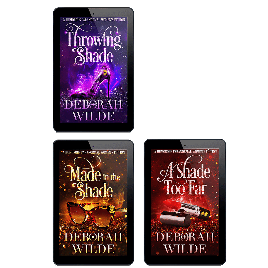 Ebook covers for first 3 books in "Magic After Midlife by Deborah Wilde. Titles included; "Throwing Shade", "Made in the Shade", and "A Shade Too Far".