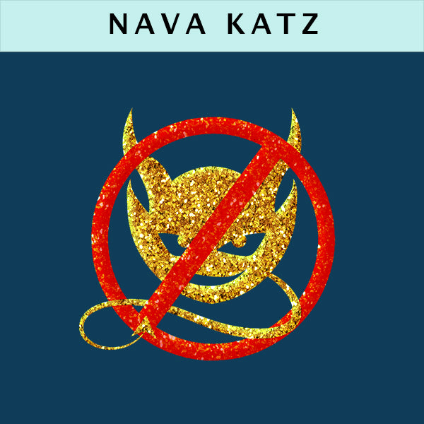 A cheeky demon face with a red circle and slash icon for the Nava Katz collection by Deborah Wilde.