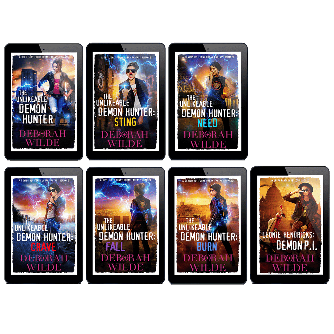 Ebook covers for the "Nava Katz" collection by Deborah Wilde. Titles incuded; : "The Unlikeable Demon Hunter", "The Unlikeable Demon Hunter: Sting", "The Unlikeable Demon Hunter: Crave", "The Unlikeable Demon Hunter: Need", "The Unlikeable Demon Hunter: Fall", "The Unlikeable Demon Hunter: Burn", and "Leonie Hendricks: Demon P.I.".