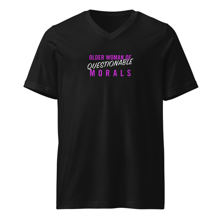 Black V-neck t-shirt with pink and white text that reads “Older Woman of Questionable Morals”