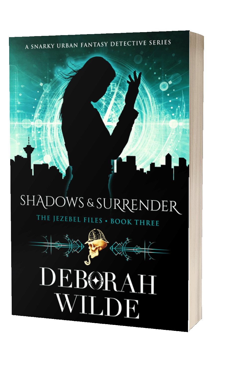 Paperback of Shadows & Surrender, book 3 in The Jezebel Files, an urban fantasy detective fiction by Deborah Wilde.