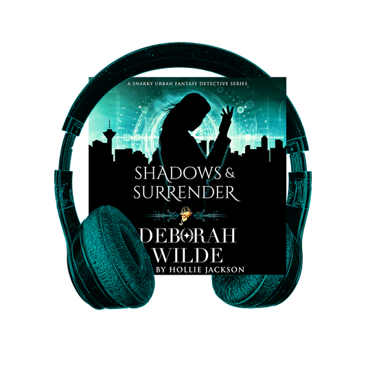 Cover of Shadows & Surrender with headphones. Funny, sexy, urban fantasy.