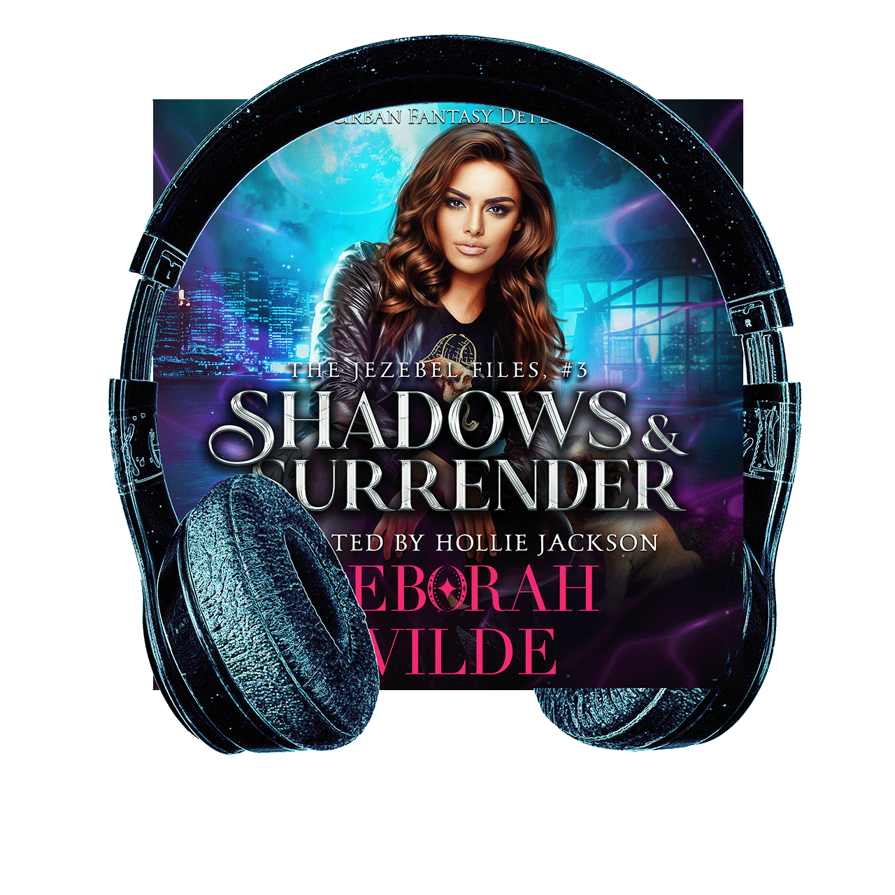 Cover of Shadows & Surrender with headphones. Funny, sexy, urban fantasy.