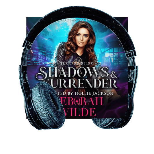 Cover of Shadows & Surrender with headphones. Funny, sexy, urban fantasy.