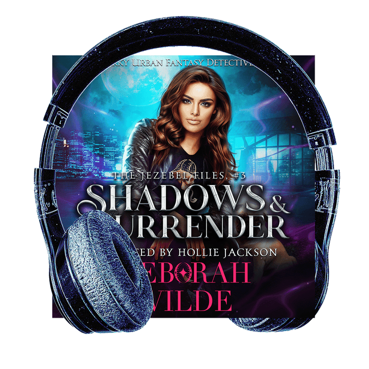 Cover of Shadows & Surrender with headphones. Funny, sexy, urban fantasy.