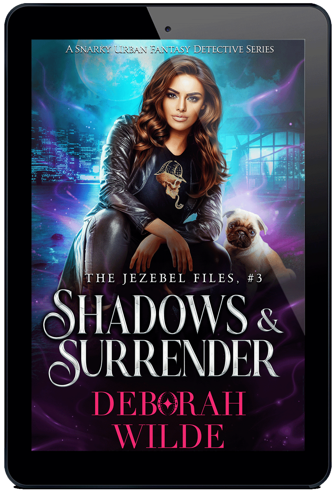 Ebook cover for "Shadows & Surrender" by Deborah Wilde. A brunette sits in an urban setting wearing a t-shirt with a skull smoking a pipe with a deerstalker hat under a leather jacket. A pug sits near her as magic swirls surround them.