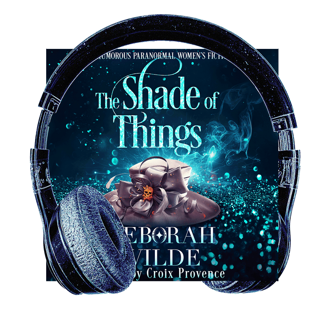 Headphones surround audiobook cover for "The Shade of Things", by Deborah Wilde. Read by Croix Provence.