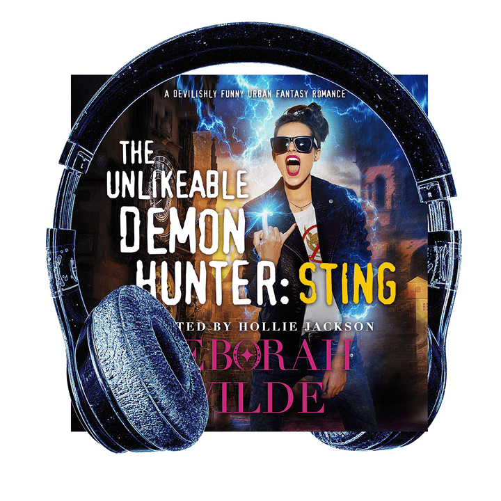 Headphones surround audiobook cover for "The Unlikeable Demon Hunter: Sting" by Deborah Wilde, narrated by Hollie Jackson. A brunette with dark sunglasses, and red lipstick, makes devil horns with her hand as lightning forks around her.