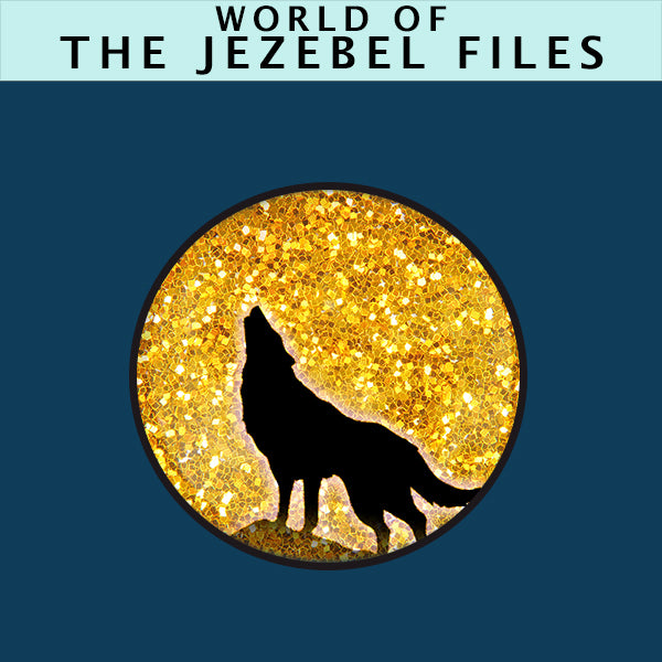 A wolf howls in a sparkly full moon in this icon for the Word of the Jezebel Files collection. 