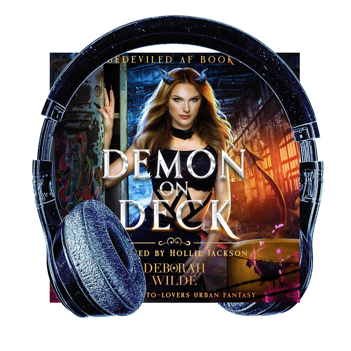 Headphones surround the audiobook cover for "Demon on Deck" by Deborah Wilde, narrated by Hollie Jackson. A woman with blue horns and red tail in a black crop top and choker stands in an urban industrial area with magic swirling around.