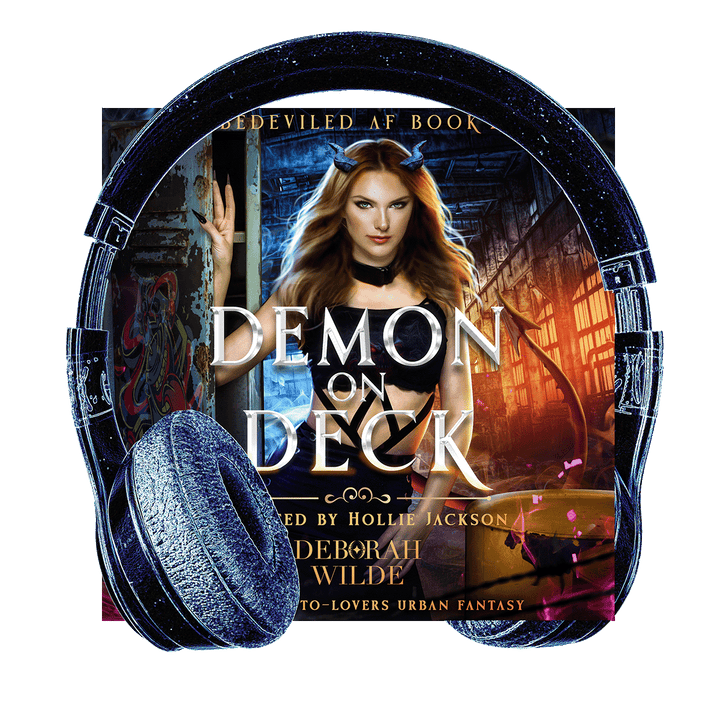 Headphones surround the audiobook cover for "Demon on Deck" by Deborah Wilde, narrated by Hollie Jackson. A woman with blue horns and red tail in a black crop top and choker stands in an urban industrial area with magic swirling around.