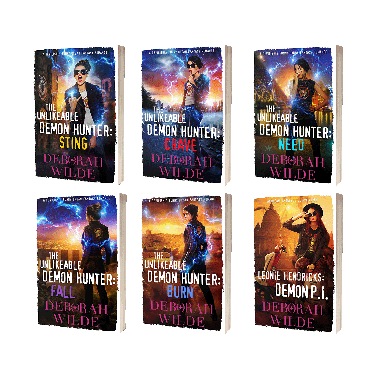 Paperback covers of books 2-7 in the Nava Katz series by urban fantasy author Deborah Wilde. Including: "The Unlikeable Demon Hunter: Sting", "The Unlikeable Demon Hunter: Crave", "The Unlikeable Demon Hunter: Need", "The Unlikeable Demon Hunter: Fall", "The Unlikeable Demon Hunter: Burn", and "Leonie Hendricks: Demon P.I.".