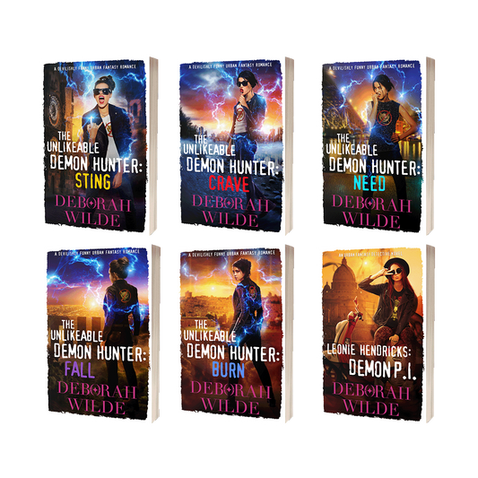 Paperback covers of books 2-7 in the Nava Katz series by urban fantasy author Deborah Wilde. Including: "The Unlikeable Demon Hunter: Sting", "The Unlikeable Demon Hunter: Crave", "The Unlikeable Demon Hunter: Need", "The Unlikeable Demon Hunter: Fall", "The Unlikeable Demon Hunter: Burn", and "Leonie Hendricks: Demon P.I.".