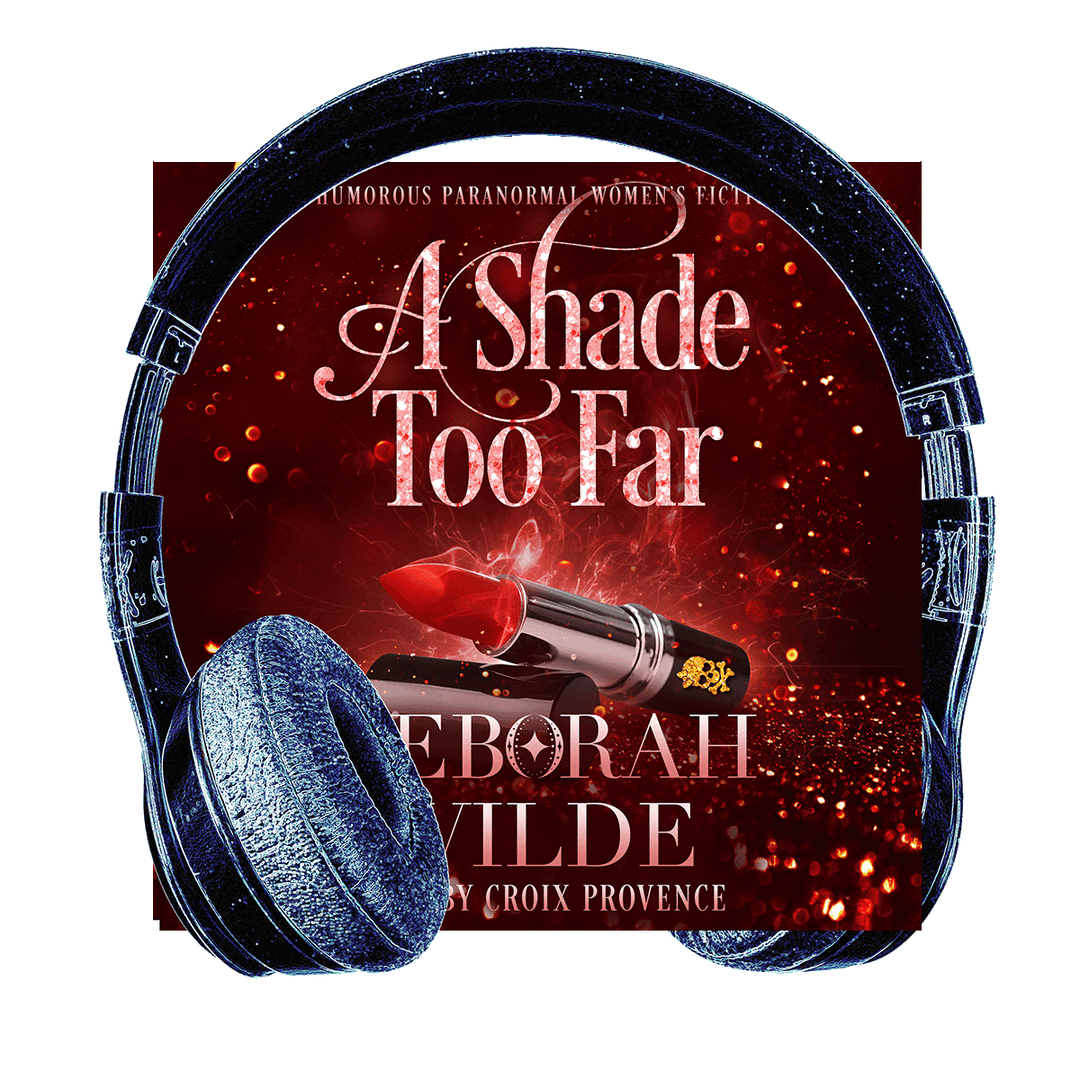 Headphones surround audiobook cover for "A Shade Too Far" by Deborah Wilde.