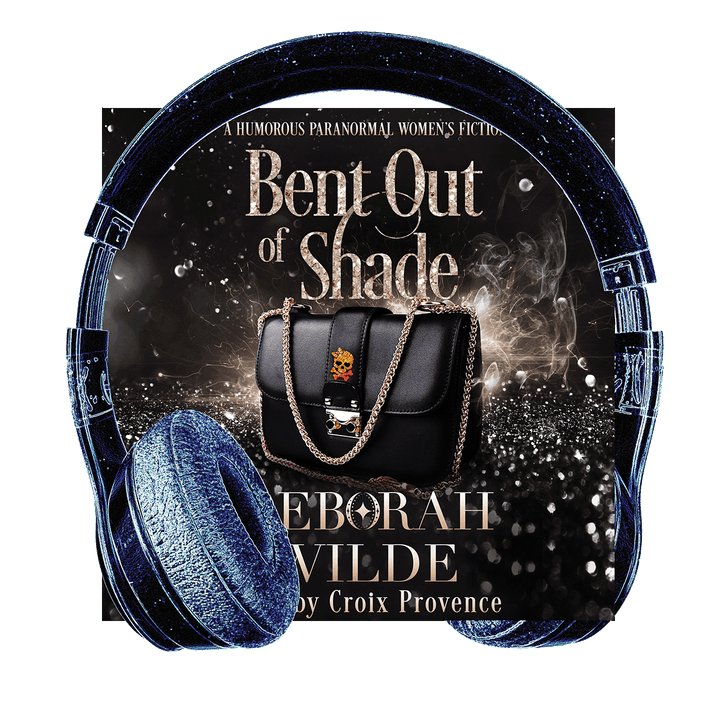 Headphones surround audiobook cover for "Bent Out of Shade" by Deborah Wilde.